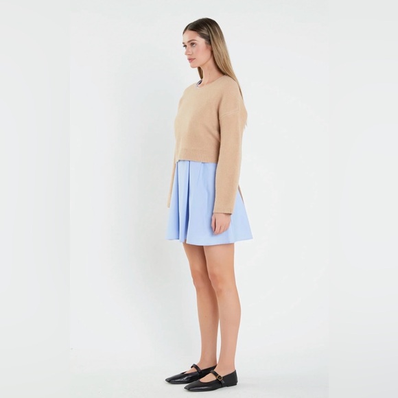 English Factory Tan Sweater with Blue Dress - Picture 2 of 10